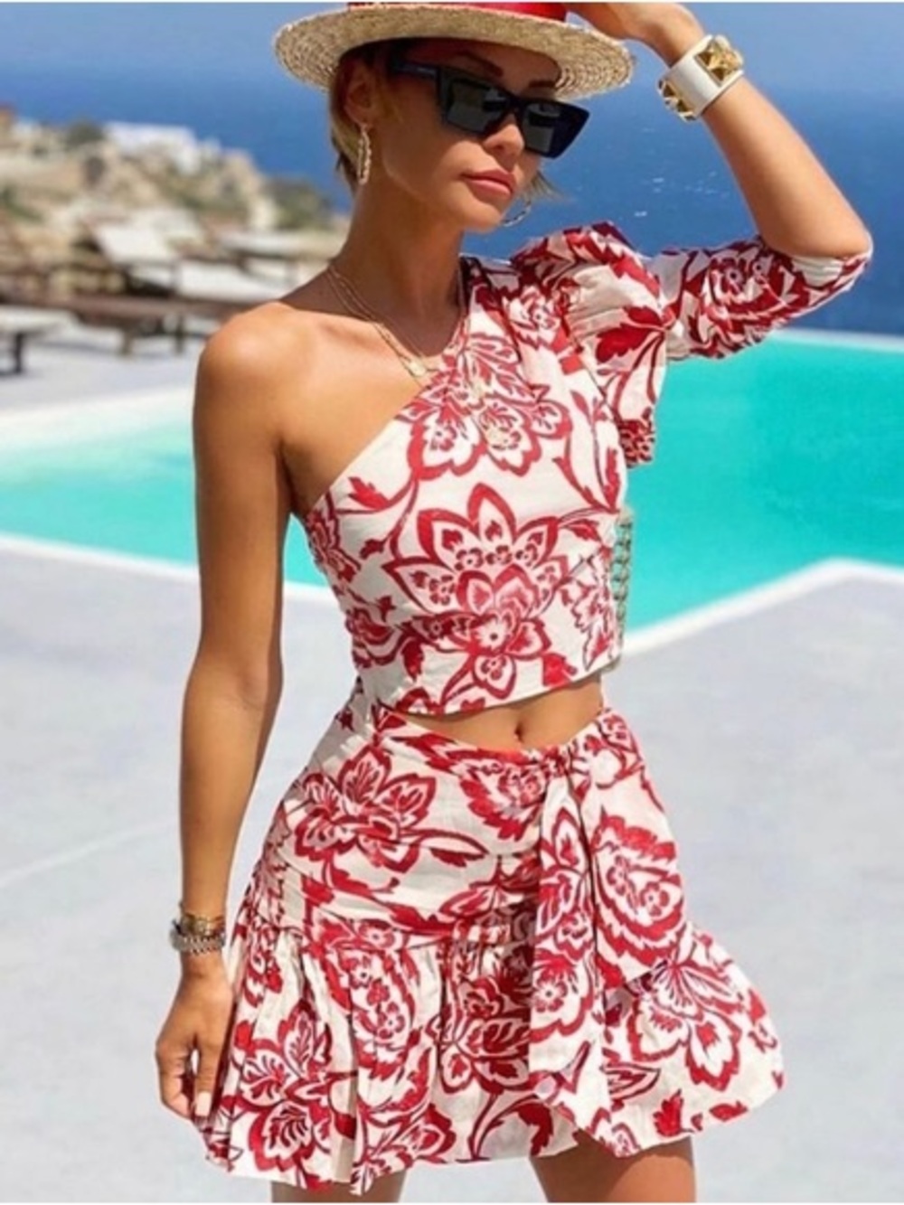 Zara Red & White One-Shoulder Floral Two-Piece Set